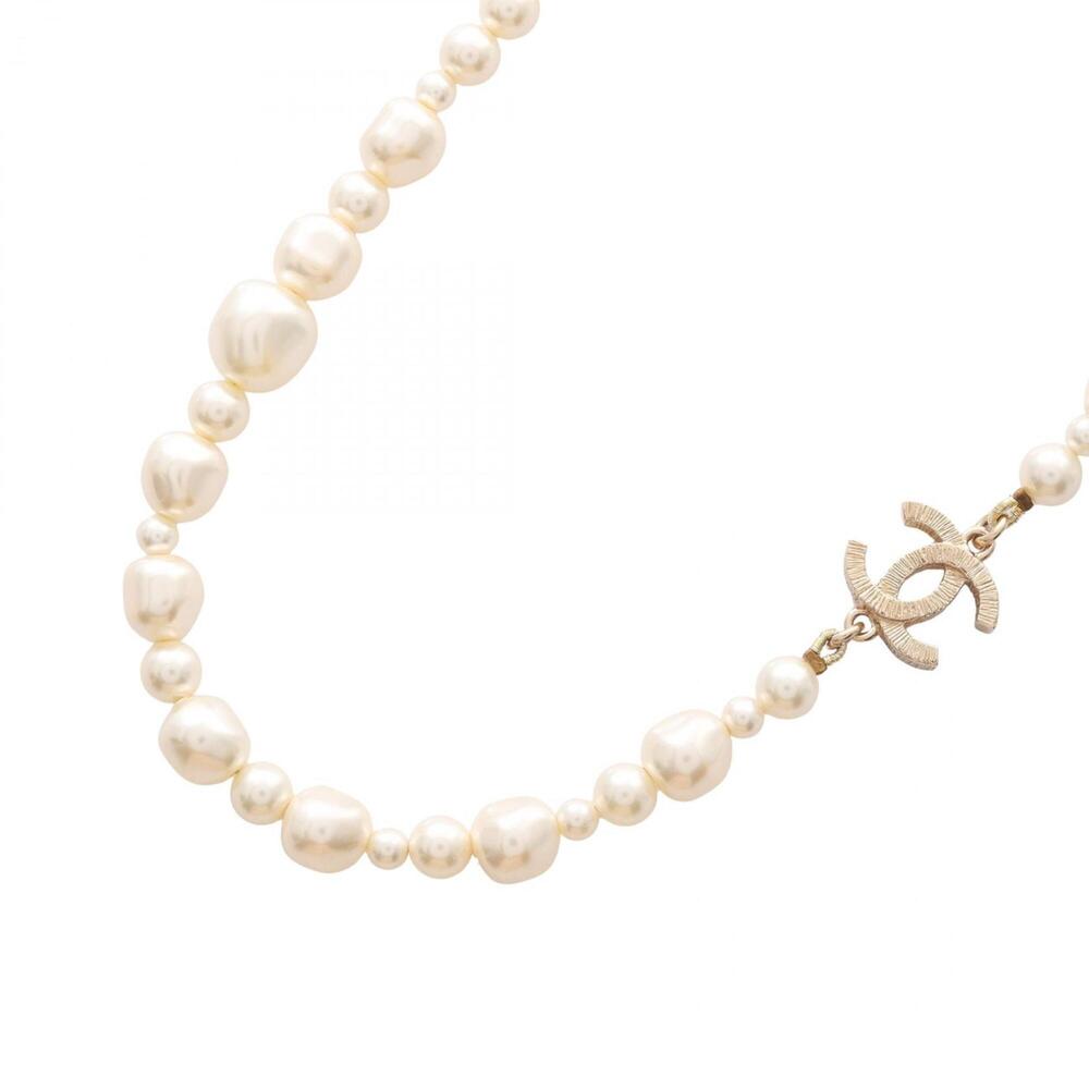 Chanel 12C Coco Mark Necklace, Gold Plated (GP), Faux Pearl, Women's, White/G...